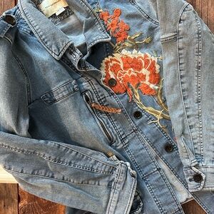 Pilcro and the Letterpress Blue Denim Jacket with Floral Embroidery